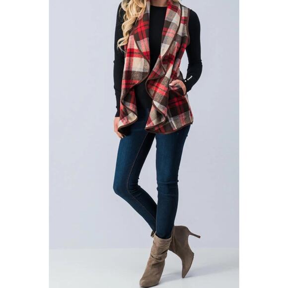 ETWO Plaid Waterfall Open Front Wool Polyester Vest New Size L - Picture 3 of 9